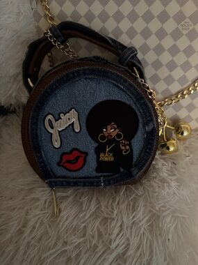 Custom Denim Round Crossbody Bag with Patches - Blue